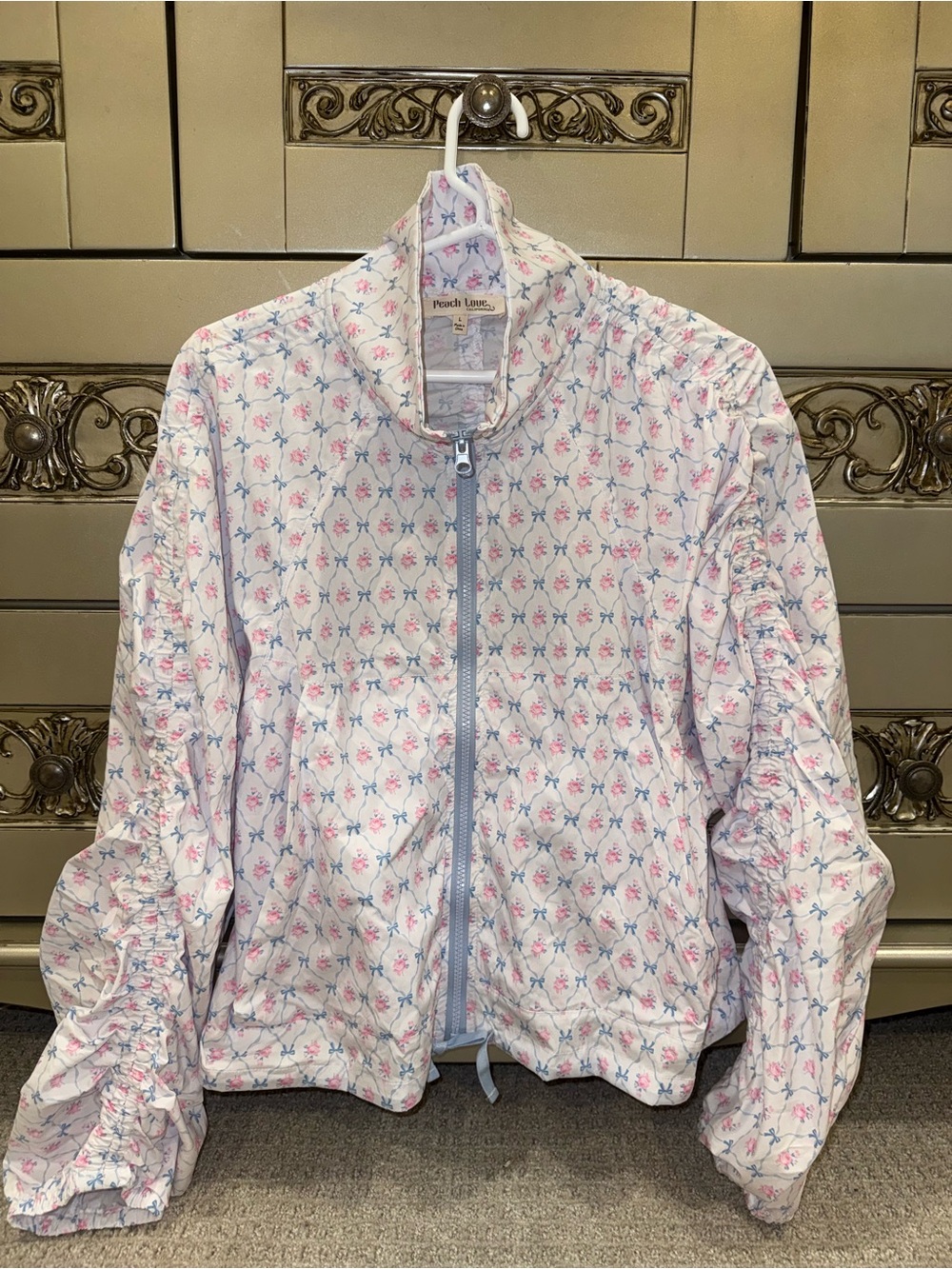 Peach Love California Floral Quilted Zip Jacket - White with Pink & Blue bows